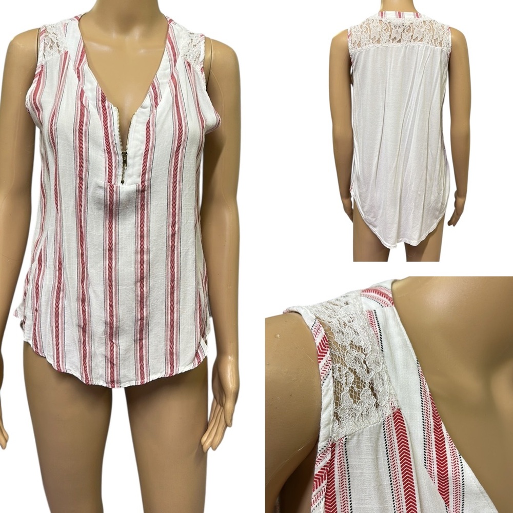 Ember Cotton Striped Front Lace Accent Quarter Zip Sleeveless Blouse Womens M